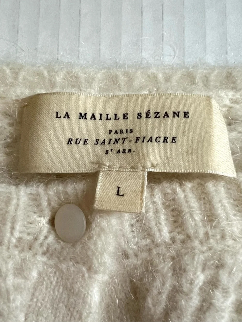 Sezane Solena Cardigan Sweater Kid Mohair Wool Ecru Large Fancy Knit Puff Sleeve - Picture 13 of 16